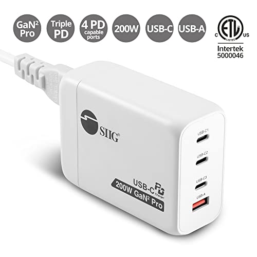 SIIG GaN 200W USB C Charger 4-Port, PD 100W, QC 3.0 65W, PPS, 3X USB-C 1x USB-A, Compatible with MacBook Pro/Air, iPad, iPhone 14 Pro, Galaxy S23 Ultra, Steam Deck, XPS, Pixel (AC-PW1V11-S1) - PEGASUSS 