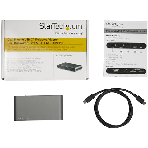 StarTech.com USB C Dock - 4K Dual Monitor DisplayPort - Mini Laptop Docking Station - 100W Power Delivery Passthrough - GbE, 2-Port USB-A Hub - USB Type-C Multiport Adapter - 3.3' Cable (DK30C2DAGPD) - PEGASUSS 
