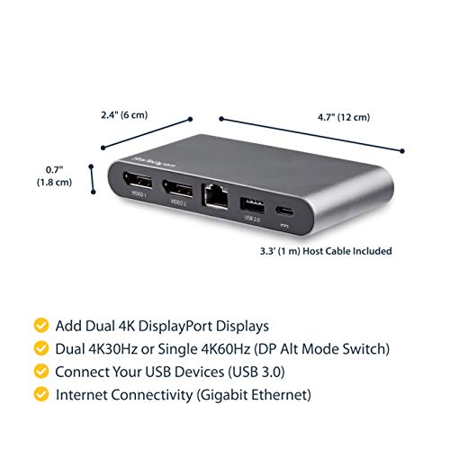 StarTech.com USB C Dock - 4K Dual Monitor DisplayPort - Mini Laptop Docking Station - 100W Power Delivery Passthrough - GbE, 2-Port USB-A Hub - USB Type-C Multiport Adapter - 3.3' Cable (DK30C2DAGPD)