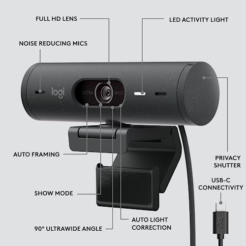 Logitech Brio 505 Full HD Webcam with auto Light Correction, auto-framing, Show Mode, Dual Noise Reduction mics, Privacy Shutter - Works with Microsoft Teams, Google Meet, - PEGASUSS 