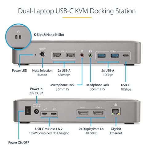 StarTech.com Dual-Laptop USB-C KVM Docking Station, Dual Monitor 4K 60Hz DisplayPort Dock, 5-Port USB Hub, GbE, 90W/45W Power Delivery to Two Laptops, Windows/Mac, 2-Host KVM Dock (129N-USBC-KVM-DOCK) - PEGASUSS 