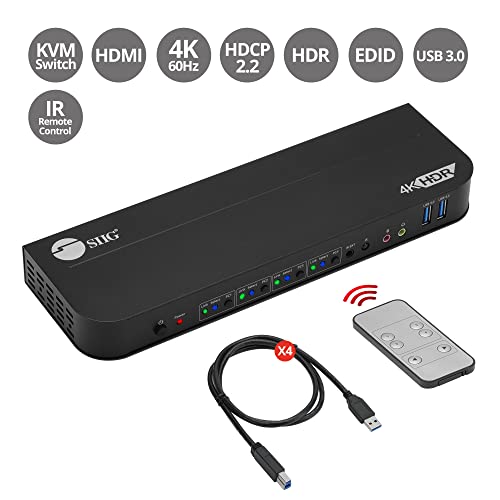 SIIG 4-Port 4K KVM Switch HDMI with Remote Control, 1x HDMI Output, 2X USB 3.2 Type-A Ports, EDID Bypass, Compatible with Windows and Mac (CE-KV0F11-S1) - PEGASUSS 