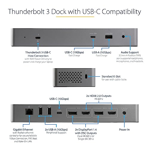 StarTech.com Thunderbolt 3 Dock W/USB-C Host Compatibility - Dual 4K 60Hz DisplayPort 1.4 or Dual HDMI 2.0 Monitors - Single 8K - TB3/USB-C Laptop Docking Station - 96W PD, 5xUSB 10Gbps (TB3CDK2DH) - PEGASUSS 