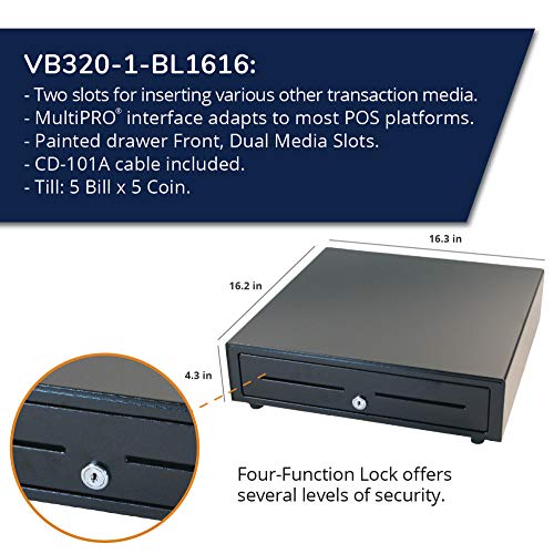 APG Standard- Duty 16” Electronic Point of Sale Cash Drawer | Vasario Series VB320-1-BL1616 | with CD-101A Cable | Printer Compatible | Plastic Till with 5 Bill/ 5 Coin Compartments | Black