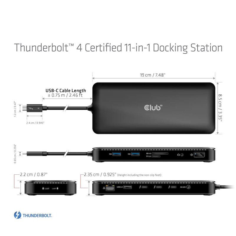 Club 3D CSV-1581 Thunderbolt 4 11-1 Docking Station Intel Certified Dual 4K Video or Single 8K 30Hz 96W Power Delivery SD Card Reader
