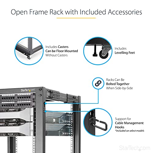 StarTech.com 25U Open Frame Server Rack - 4 Post Adjustable Depth (22" to 40") Network Equipment Rack w/Casters/Levelers/Cable Management (4POSTRACK25U) - PEGASUSS 