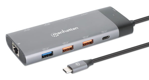 Manhattan USB C 10-in-1 Multiport Adapter Docking Station Hub with 100W Power Delivery - 1x8K & 1x4K HDMI, 1x10Gbps USB-C, 2x10Gbps USB-A, 3x5Gbps USB-A, Ethernet Port, 2ft Cable, Aluminum – 130714 - PEGASUSS 