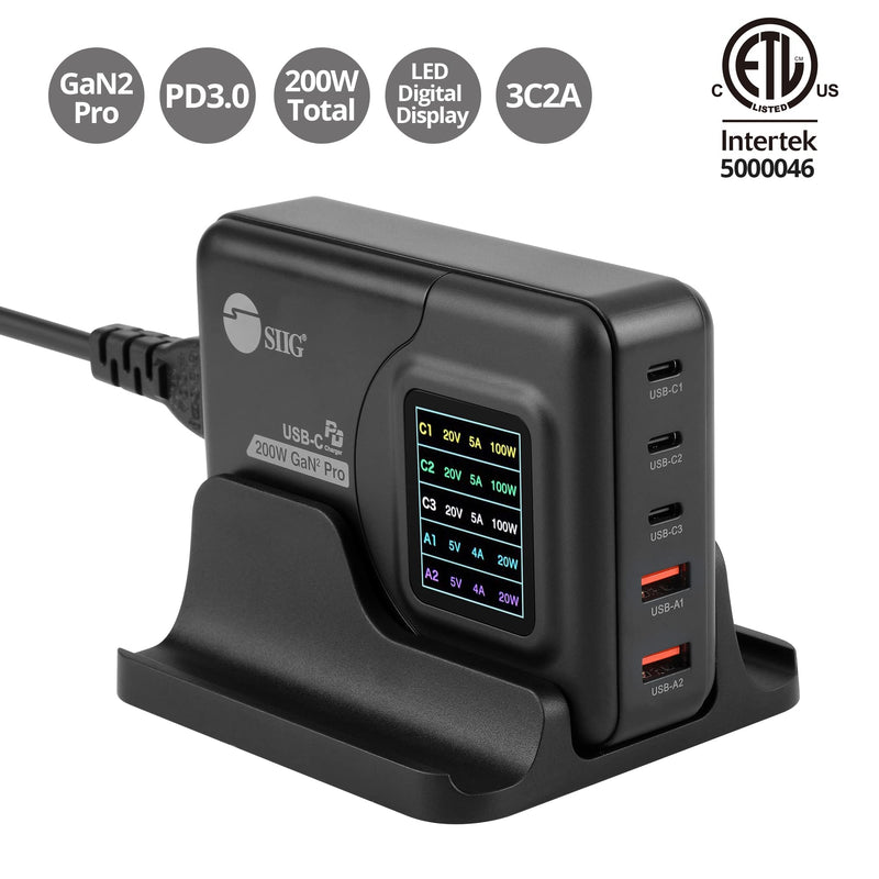 SIIG 200W USB C Wall Charger, 4-Port Fast Charging GaN with LCD Display, PD/QC, Compatible with MacBook Pro/Air, iPad, iPhone 15 Pro Max, Galaxy Note, Google Pixel, (AC-PW1Y11-S1)