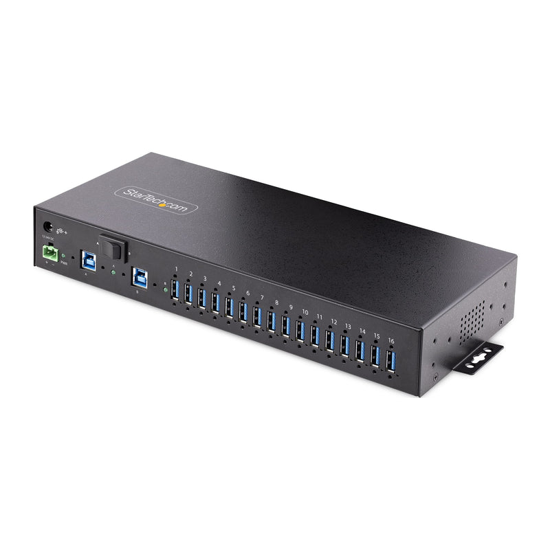 StarTech.com 16-Port Industrial USB 3.0 Hub 5Gbps, Metal, DIN/Surface/Rack Mountable, ESD Protection, Terminal Block Power, up to 120W Shared USB Charging, Dual-Host Hub/Switch (5G16AINDS-USB-A-HUB)