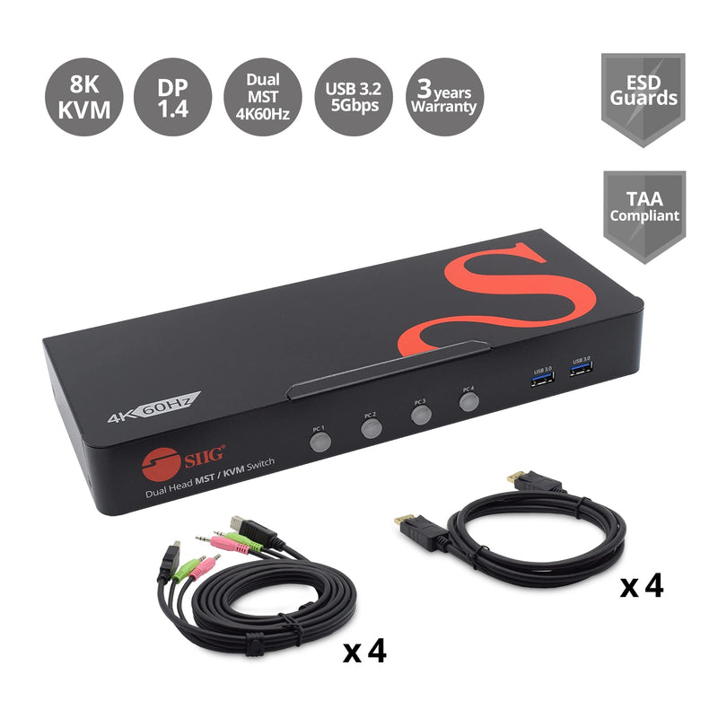 SIIG Dual Monitor DisplayPort KVM Switch 4 Computers 2 Monitors, 4X USB-A 5G, DP 1.4/ 8K 30Hz/ 4K 144hz with 3.5mm Audio & Mic, Keyboard & Mouse, TAA Compliant (CE-KV0H11-S1) - PEGASUSS 