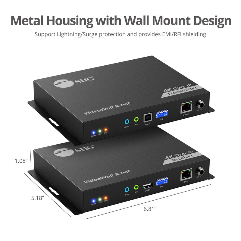 SIIG 4K HDMI Over IP Matrix Switch Kit, 4K 60Hz Up to 394FT, USB KVM Extender, Video Wall Control, Scalable for Multiple Video Sources and Displays, IR Passthrough, PoE, TAA Compliant (CE-H28A11-S1) - PEGASUSS 