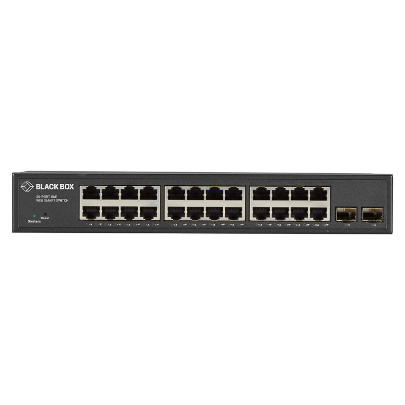 Black Box Gigabit Ethernet Managed Switch - (24) RJ-45, (2) SFP - 24 Ports - Manageable - TAA Compliant - 2 Layer Supported - Modular - Twisted Pair, Optical Fiber - 1U High - Desktop, Rack-mountable