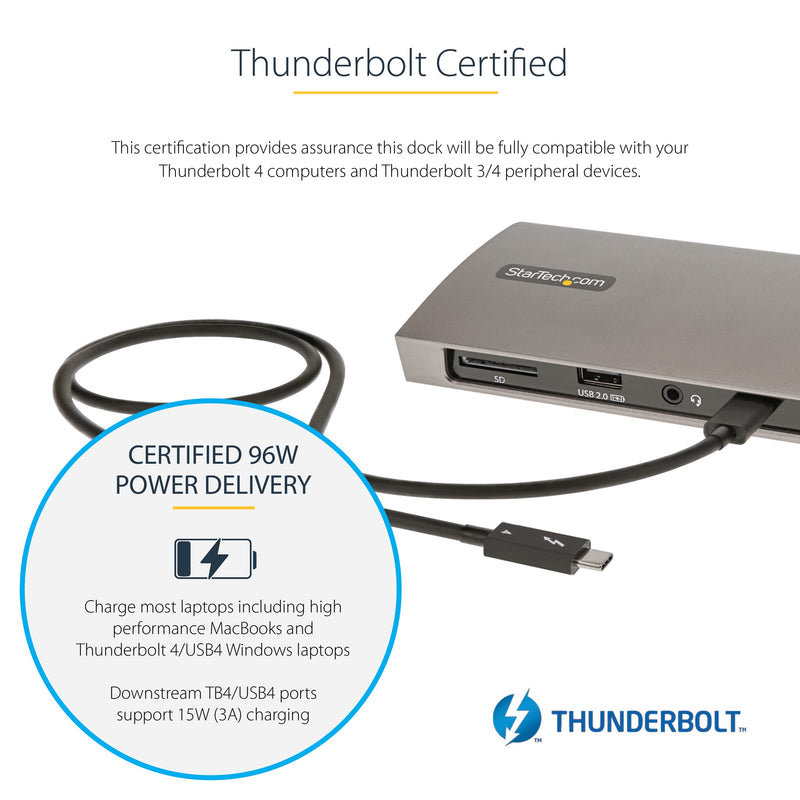 StarTech.com Thunderbolt 4 Dock, 96W Power Delivery, Single 8K/Dual Monitor 4K 60Hz, 3xTB4/USB4 ports, 4xUSB-A, SD, GbE, Thunderbolt 4 Docking Station for Windows or TB3 MacBook, 0.8m Cable (TB4CDOCK) - PEGASUSS 