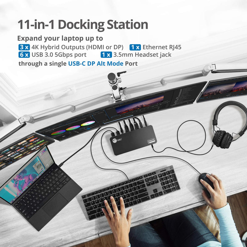 SIIG USB-C Universal Laptop Docking Station, Hybrid Triple 4K Monitor,DisplayPort + HDMI,100W PD Charging,6X USB 3.0,Gigabit Ethernet,3.5mm Headset,TB 3 Compatible,for Windows and Mac JU-DK0J11-S1 - PEGASUSS 