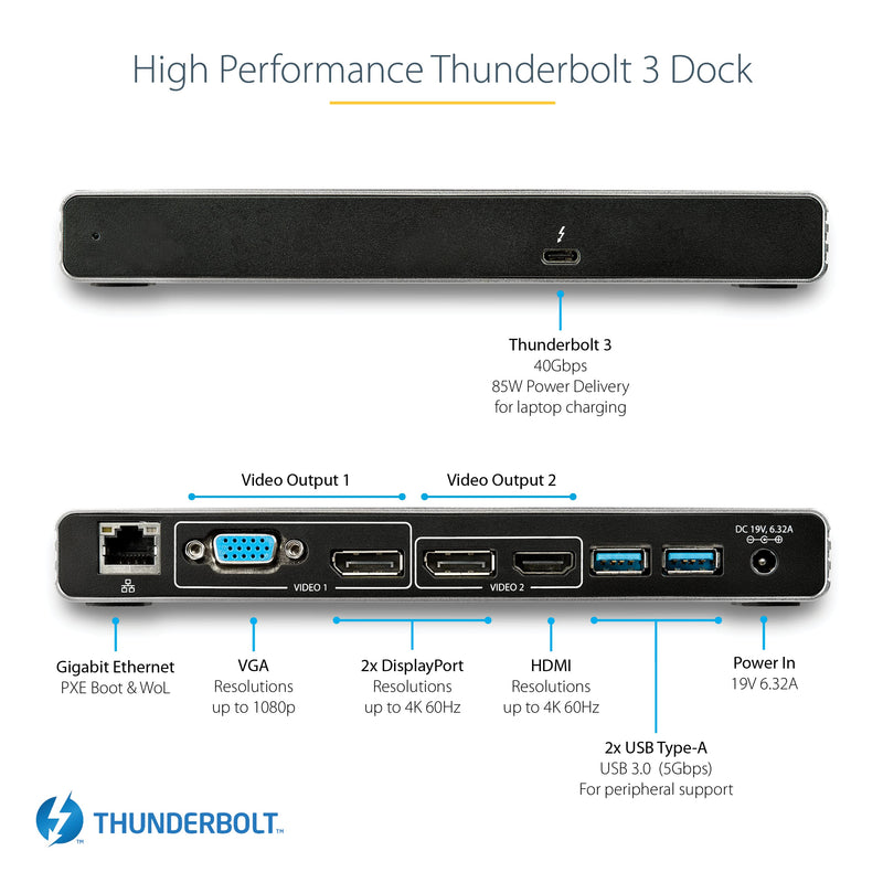StarTech.com Thunderbolt 3 Dock - Dual 4K 60Hz Monitor TB3 Laptop Docking Station with DisplayPort, HDMI & 1080p VGA - 85W Power Delivery & Charging - 2x USB-A, Ethernet - Mac & Windows (TB3DK2DHV) - PEGASUSS 