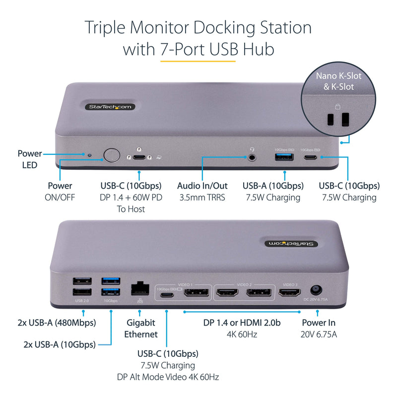 StarTech.com USB-C Docking Station Multi Monitor HDMI/DP/USB-C Video Output, Triple Monitor 4K30/Dual 4K60, 7-Port USB Hub, 60W Power Delivery, GbE, 3.5mm Audio, Works with Chromebook (DK31C3MNCR) - PEGASUSS 