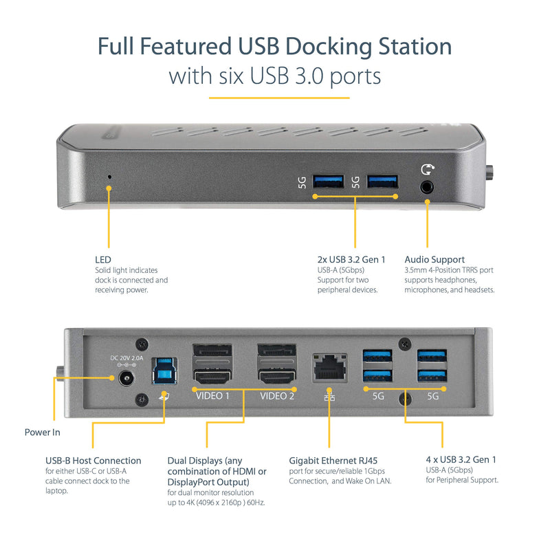 StarTech.com USB-C USB-A Dock - Hybrid Universal USB 3.0 Docking Station for USB-C or USB-A Laptop - Dual Monitor 4K 60Hz HDMI/DisplayPort - 6x USB-A, GbE - USB 3.1/3.2 Gen 1 - Windows/Mac (DK30A2DHU) - PEGASUSS 